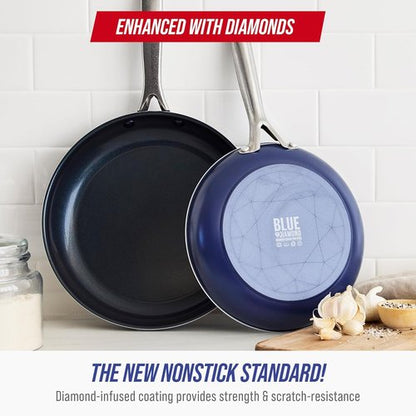Blue Diamond Frying Pan Skillet Set - 9.5” & 11" Nonstick Ceramic, PFAS-Free, Durable & Scratch Resistant, Blue