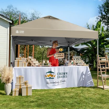 CROWN SHADES Pop Up Canopy with 1 Side Wall - Beach Tent with One Push Setup - Outdoor Sun Shade for Events, Parties, Camping - Gazebo with STO-N-Go Cover Bag, Beige, 12x12FT