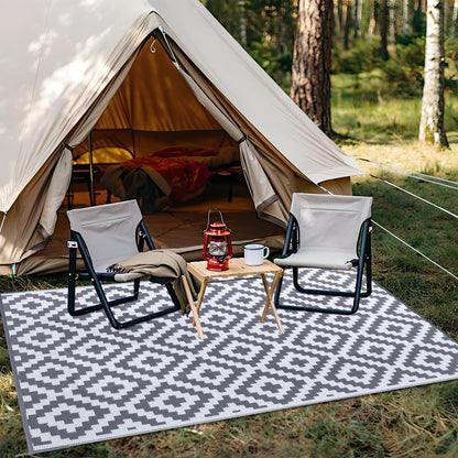 OLANLY Waterproof Outdoor Rug 10x14 ft, Outdoor Plastic Straw Rug for Camping, RV Mat Outside, Outdoor Carpet for Porch, Deck, Backyard, Balcony, Picnic, Grey & White