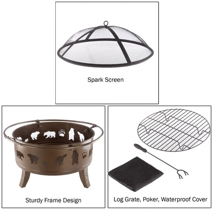 Pure Garden 50-LG1202 32” Outdoor Deep Fire Pit-Round Large Steel Bowl with Bear Cutouts, Mesh Spark Screen, Log Poker & Storage Cover-Patio Wood Burning, Antique Gold