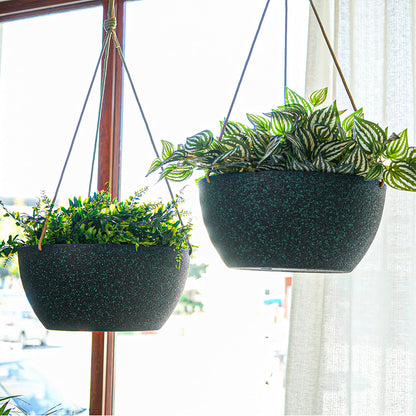 SwinDuck 13 Inch 2 Pack Large Hanging Planters for Indoor Outdoor Plants, Plastic Hanging Basket Pots for House Plants Flowers, Black Speckles