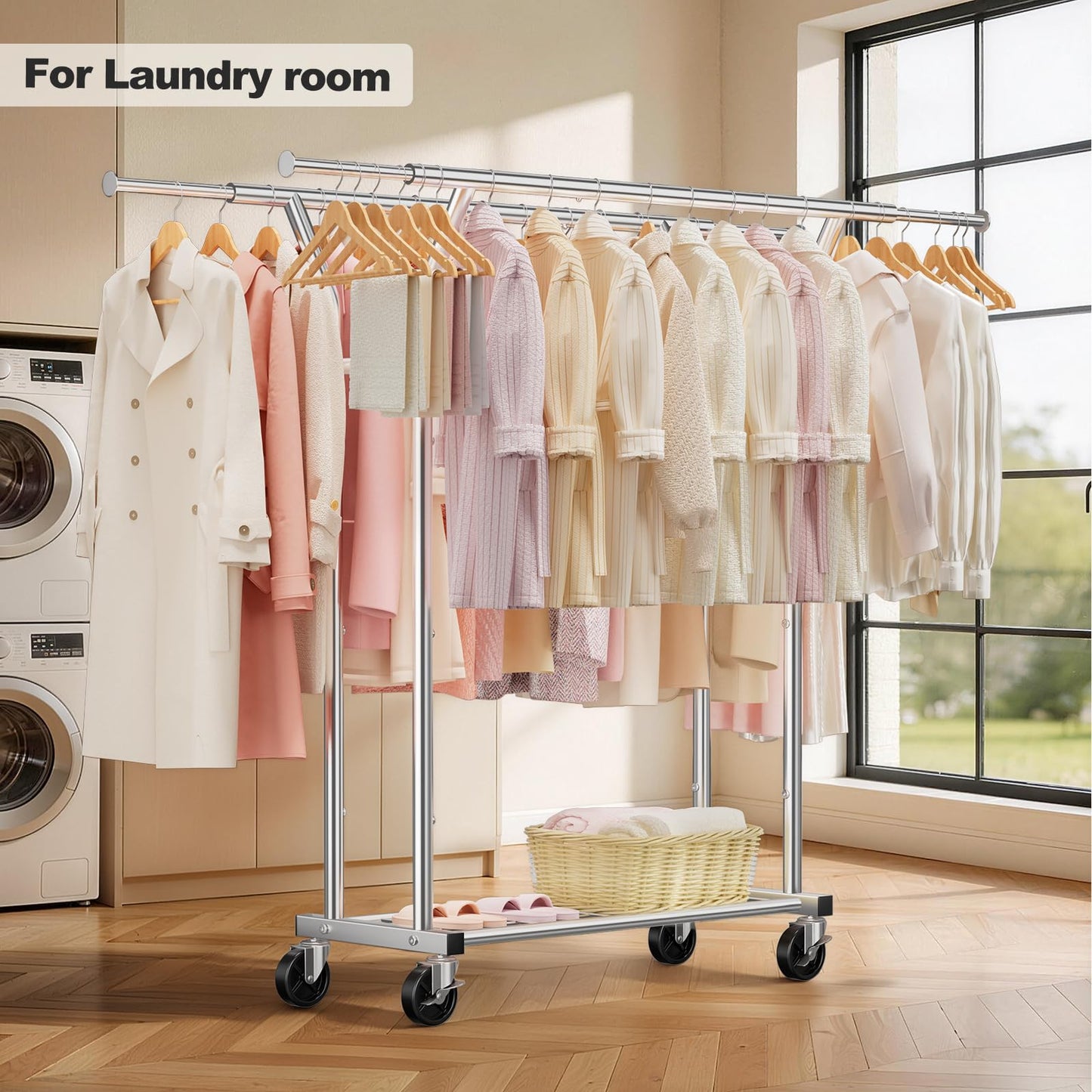 LZNIOZ Heavy Duty Clothes Rack - Load 620 LBS, Rolling Clothing Rack for Hanging Clothes with Lockable Wheels & Shelves, Extendable Double Rod Garment Rack for Bedroom, Laundry, Living Room, Silver