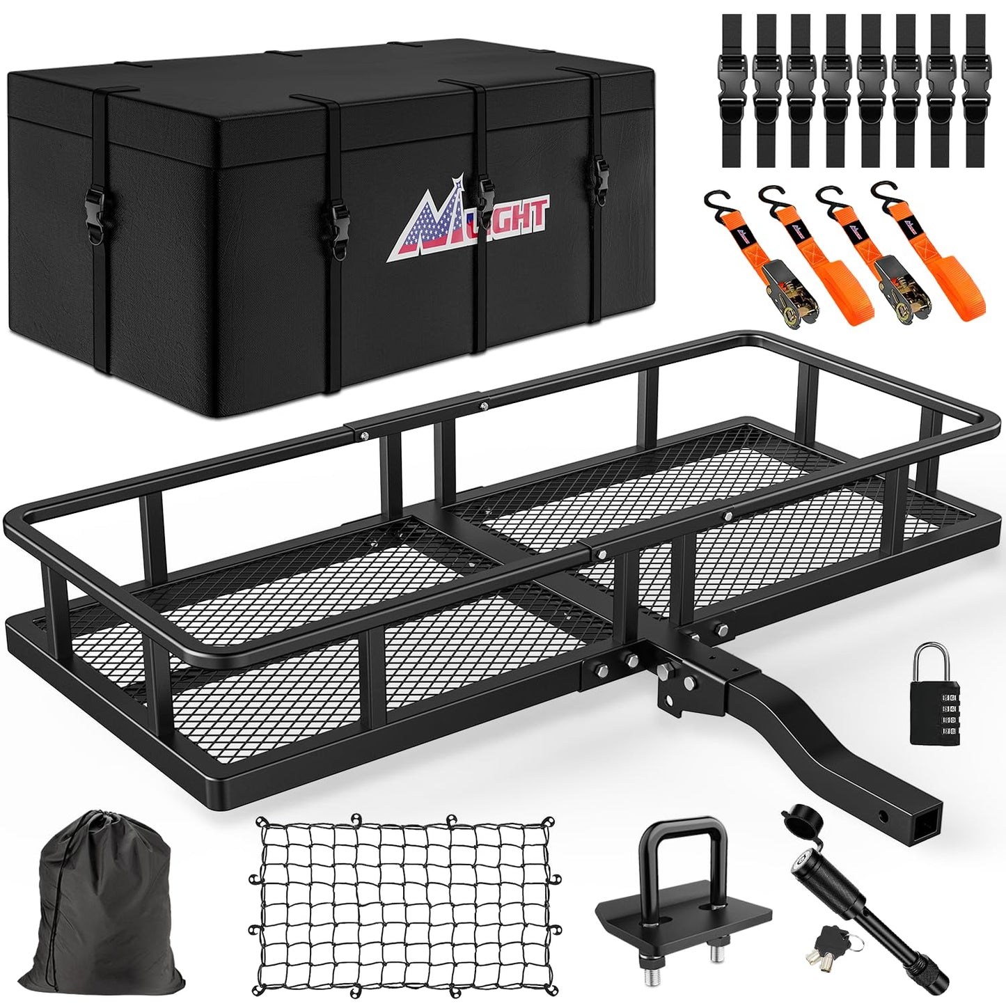 Nilight 60" x 20"x 7.87" Folding Carrier Fits 2-Inch Receiver 500 Lbs Capacity Bag Net Ratchet Straps Lock Stabilizer for SUV Pickup RV Van