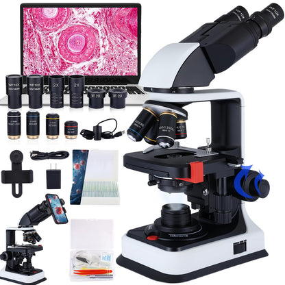 40X-2500X Binocular Microscope, WF10x and WF25x Eyepieces, LED Illumination, with Specimen Handpiece Holder, for Beginners, Microscope for Adults