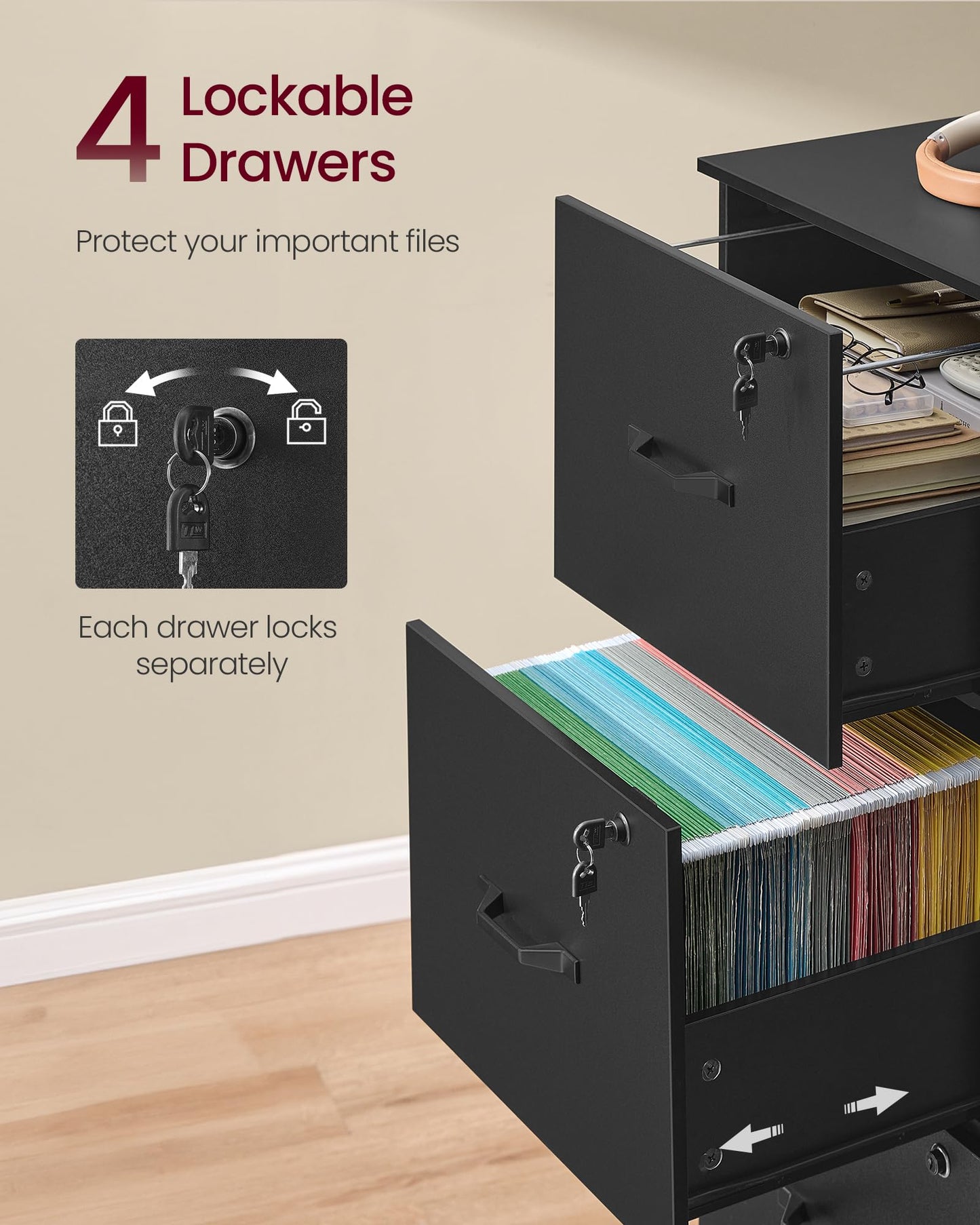 VASAGLE 4-Drawer Vertical File Cabinet, Filing Cabinet for Home Office, Printer Stand, with 4 Lockable Drawers, Adjustable Hanging Rail, for A4 and Letter-Size Files, Ink Black UOFC082B01