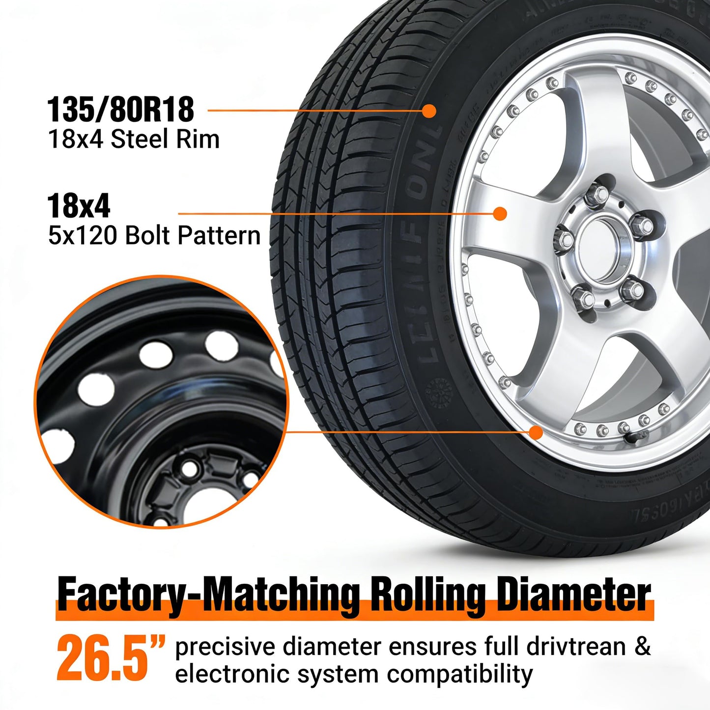 Afolonsh Spare Tire Kit Compatible with 2019-2026 Cadillac CT5 And CT5-V | 135/80R18 Spare Wheel on 18x4 Rim | 5x120 Bolt Pattern | 26.5" Rolling Diameter | Includes Car Jack Kit & Tire Carrying Case