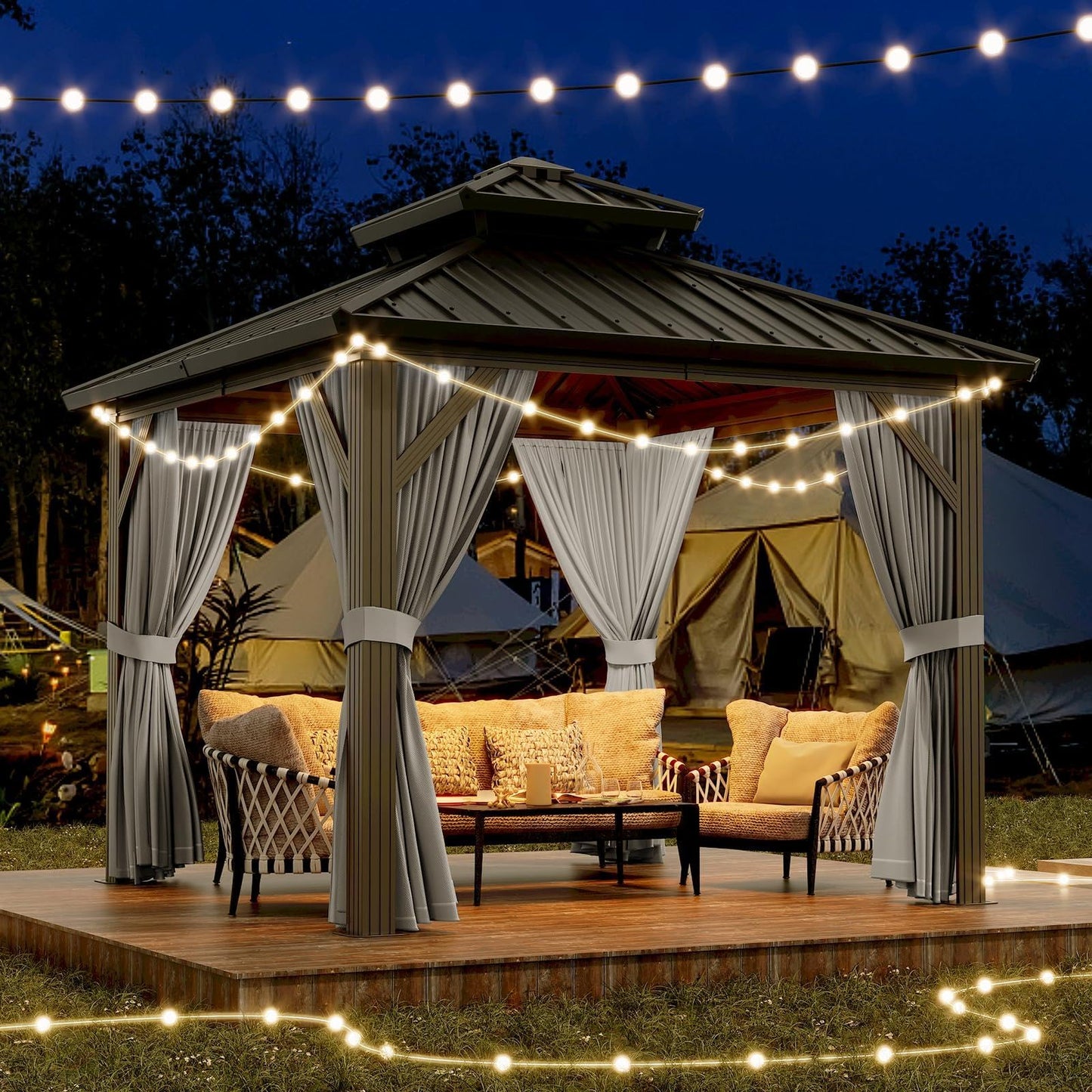 10x10 ft Double Roof Hardtop Gazebo, Heavy Duty Galvanized Steel Pavilion with Netting and Curtains, Metal Roof Patio Gazebo for Terrace, Lawn, and Deck, Gray