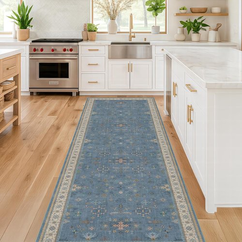 Hazo Haus Non-Slip 10ft Long Hallway Runner Rug - Washable & Waterproof Blue 2x10 Kitchen Mat | Modern Boho Design