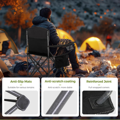 ALPHA CAMP Oversized Camping Folding Chair Heavy Duty Steel Frame Support 350 LBS Collapsible Padded Arm Chair with Cup Holder Quad Lumbar Back Chair Portable for Outdoor/Indoor (Black grey-2PC)