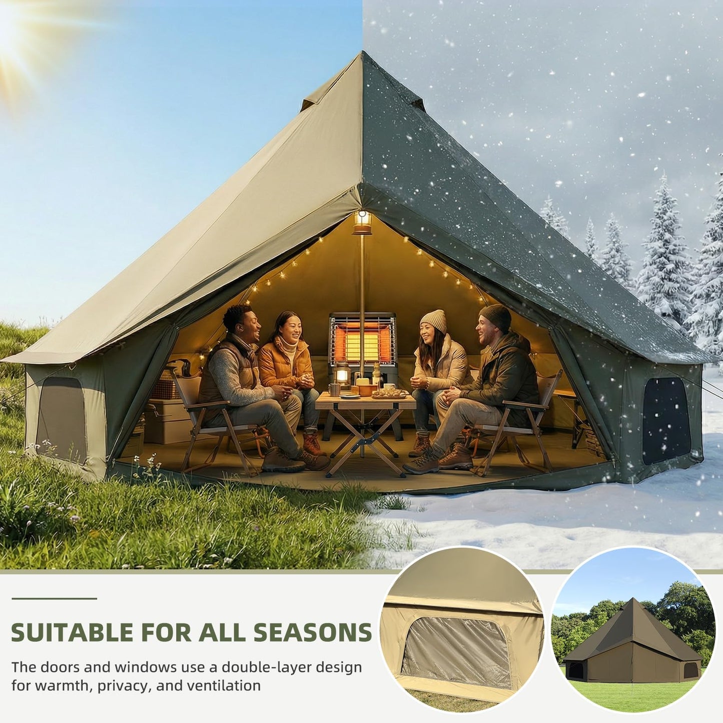 YOLENY 4 Season Bell Tent fits 3-4 People Waterproof Yurt Tent with Stove Jack Glamping Tent for Family Camping and Outdoor Parties 10FT