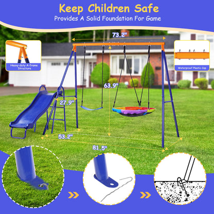 Lunafun Swing Set for Backyard with Kids Slide 440lbs Heavy-Duty Metal A-Frame 1 Saucer Swing Seat 1 Swings Seat & 1 Slide