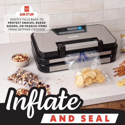 Gourmia Vacuum Sealer - 10-in-1 Food Sealer with Inflate Function, Built-In Cutter & Roll Storage, Inflate, Seal, Dry/Moist Modes, Gentle & Normal Pressure, BPA-Free Bags