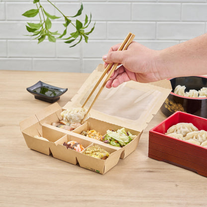 Restaurantware Take Out Box 200 Pack of 23 oz Paper 6-Compartment Food Container Grease-Resistant with Window Kraft Bento Box for Cookies, Sandwiches, Takeaway