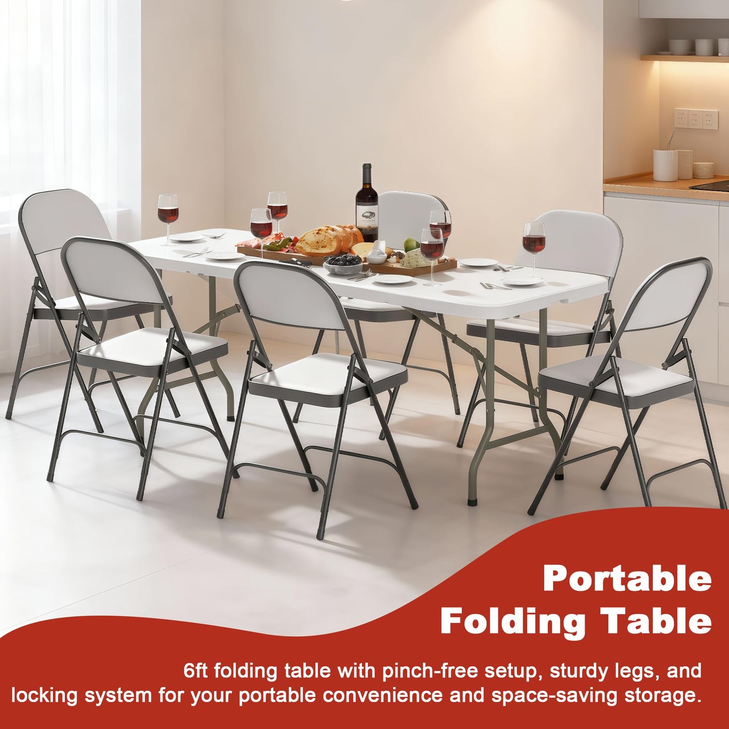 Elevon 6FT Folding Tables – Heavy Duty Portable Foldable Table with Built-in Handle, 300 lb Capacity – Ideal for Events, Parties, Crafts, Camping & Dining (4-Pack)