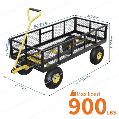 Garvee 900 lbs Steel Garden Dump Cart with Removable Sides, Convert to Flatbed, Heavy Duty Yard Cart with 180°Rotating Handle & 10" All Terrain Wheels, Utility Dump Wagon for Lawn Farm Backyard