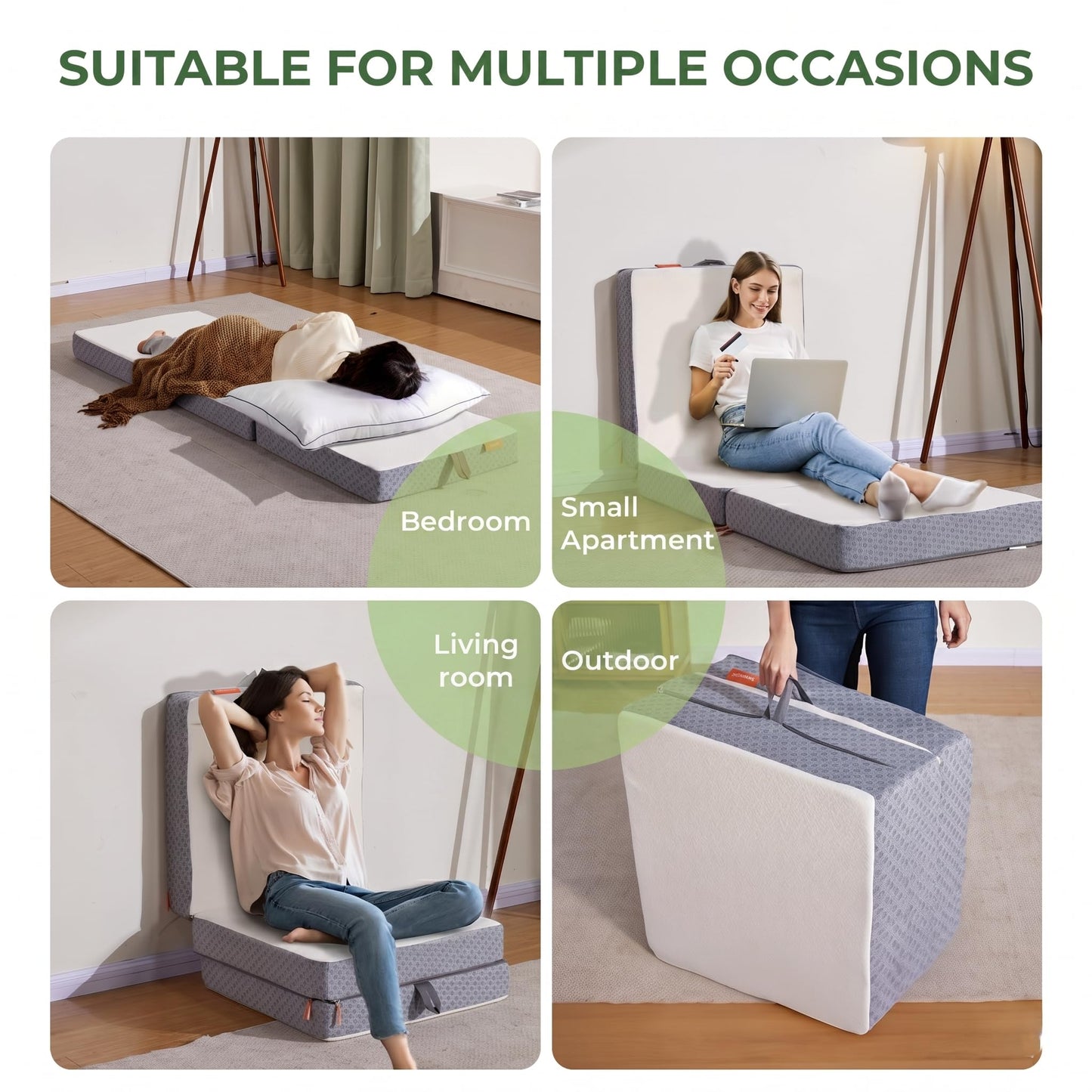 Sweetnight Full Tri-Folding Mattress Topper - 4 inch Medium Firm Portable Foldable Mattress with Washable Cover & Non-Slip Base - Ideal for Camping, RV, and Guests,White
