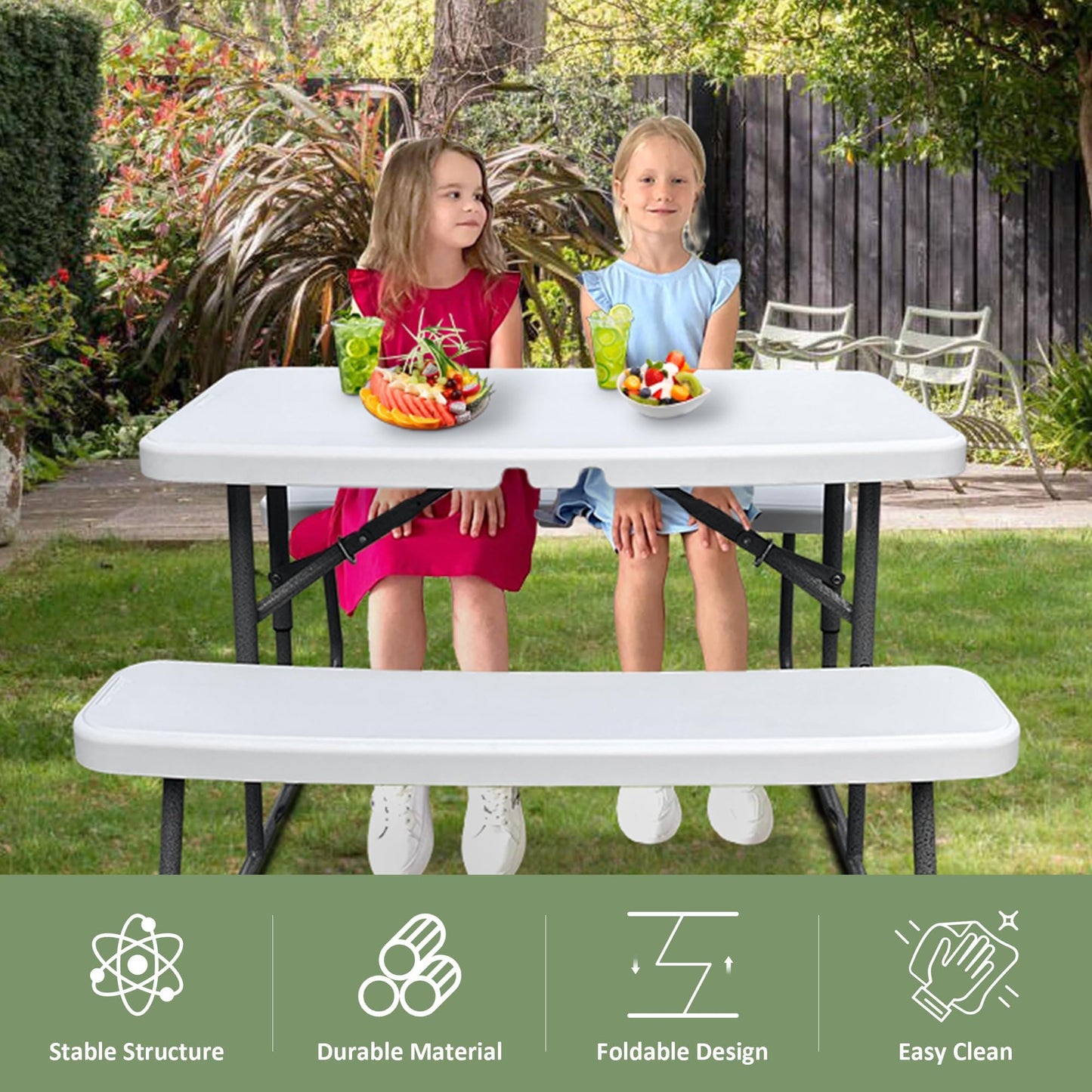 Elevon Kids Folding Picnic Table with Benches, Outdoor Picnic Table HDPE Tabletop & Steel Frame, Ideal for Yard Patio Lawn Party, White