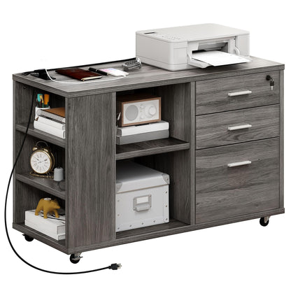 YITAHOME File Cabinet with Charging Station, Mobile Lateral Filing Cabinet with Lock for Home Office, Printer Stand with Open Storage Shelf, Fits A4, Letter, Legal Size Files, Office Furniture, Grey