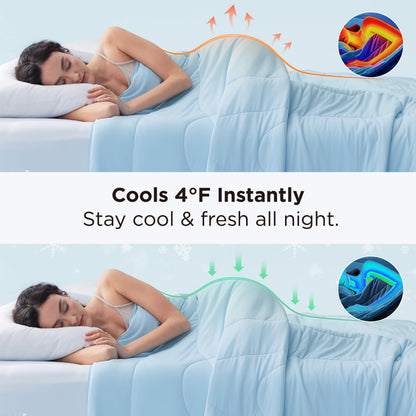 Bedsure Cooling Comforter Bundle Cooling Pillow Cases for Hot Sleepers with Dual-Sided Cool Tech, 2 Pack HA & Ceramides Infused Silky Cooling Pillowcases Soft for Skin & Hair, Blue & Pink, King Size