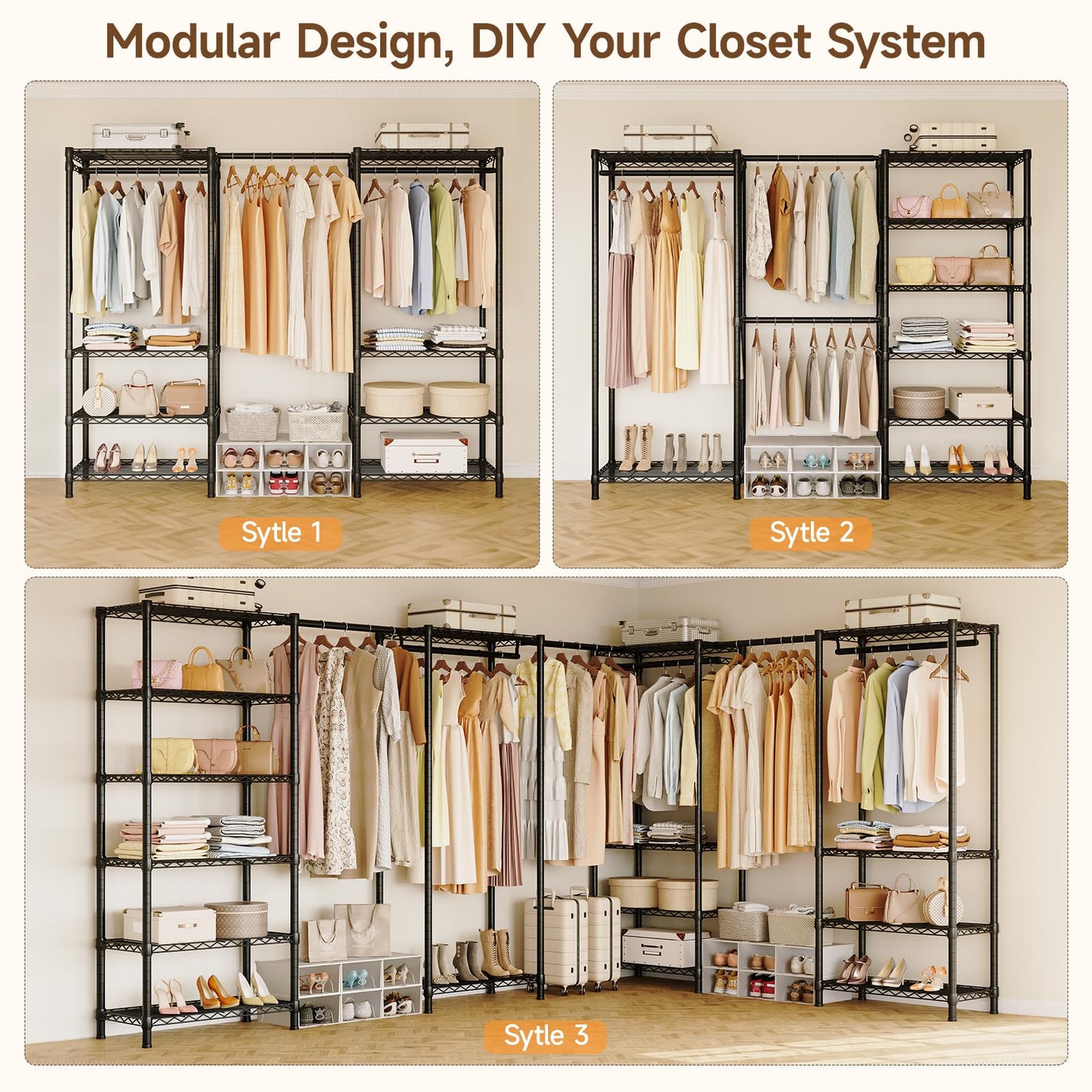 ONBRILL E3 Expandable Heavy Duty Garment Rack, Freestanding Closet Organizer System with 8 Wire Shelves & 3 Hanging Rods, Modular Metal Pipe Clothing Rack, Max Load 1000 LBS, Portable Closet, Black