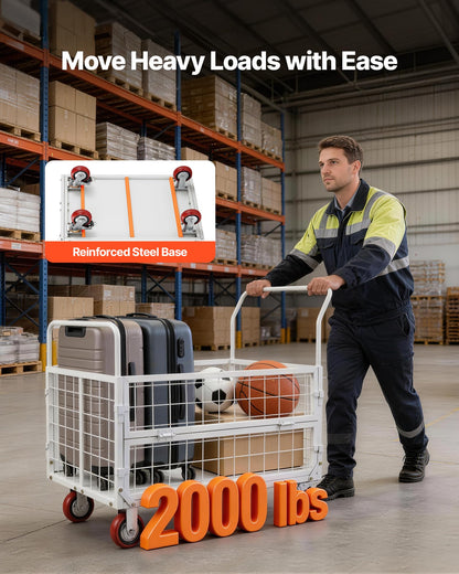 VEVOR Platform Truck Cart with Cage, 2000 lbs Capacity, 6-in-1 Foldable Flatbed Cart with Swivel Wheels, Heavy Duty Hand Truck, Multi-Functional Push Dolly, for Grocery Laundry, 44.5 x 26.6 x 42.1 in