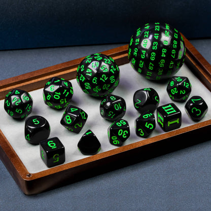 Poludie 15 Pieces Complete Polyhedral DND Dice Set D3-D100 Spherical D&D Dice Set with Dragon Eye Dice Bag, D100 Dice for Dungeons and Dragons, RPG Table Games(Black w/Green Numbers)