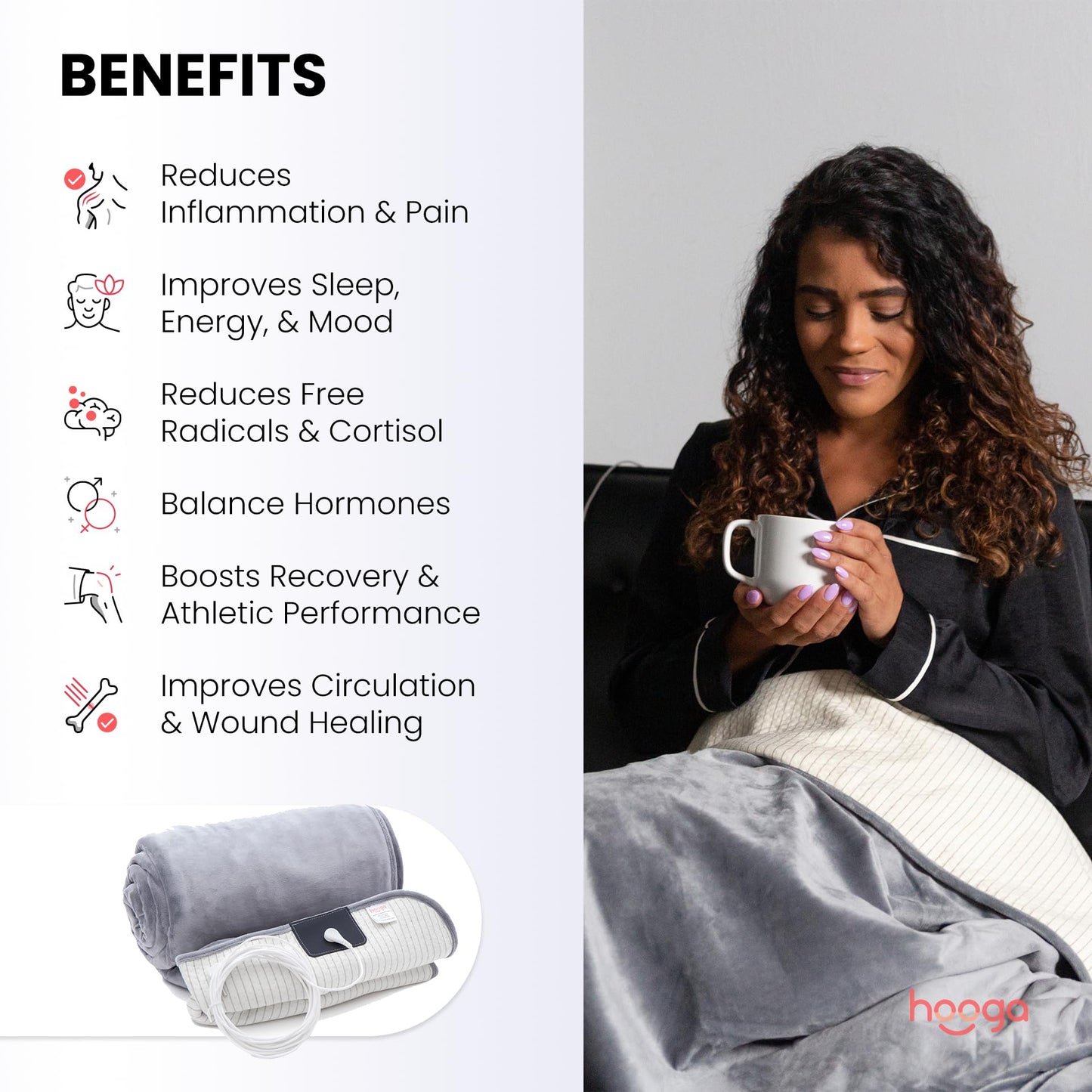 hooga Grounding Blanket for Improved Sleep, Pain Relief, Energy, Inflammation. Grounded Throw, Earth Connected Bedding. Conductive Silver Fiber. Grounding Cord Included. 60x80 Inch, Queen Size.