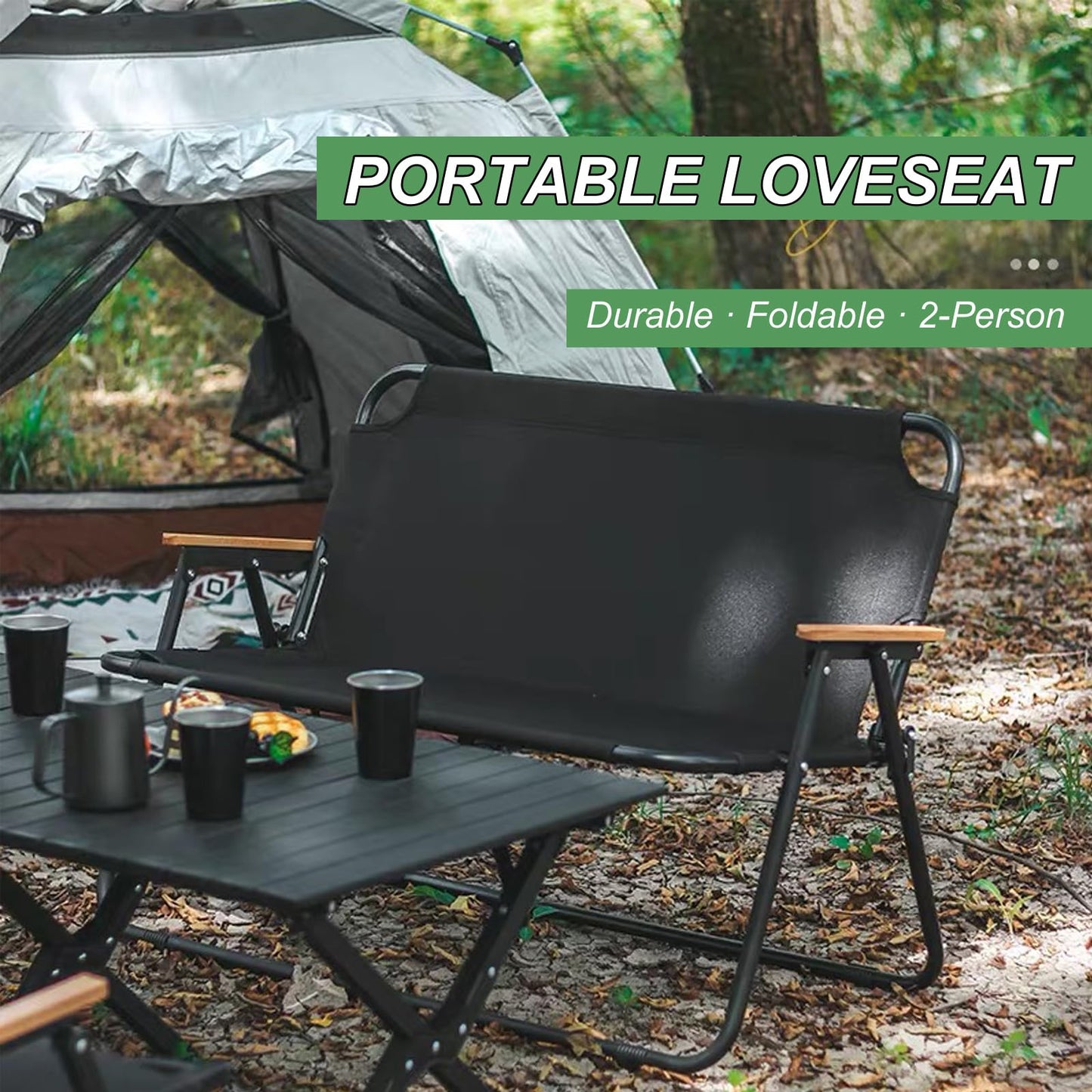 ptlsy 2 Person Camping Chair Oversized Loveseat Camping Chair with Seat Cushion Double Camping Chairs for Adults Heavy Duty Camping Couch Black Outdoor Folding Chair Portable Patio Lawn Chair