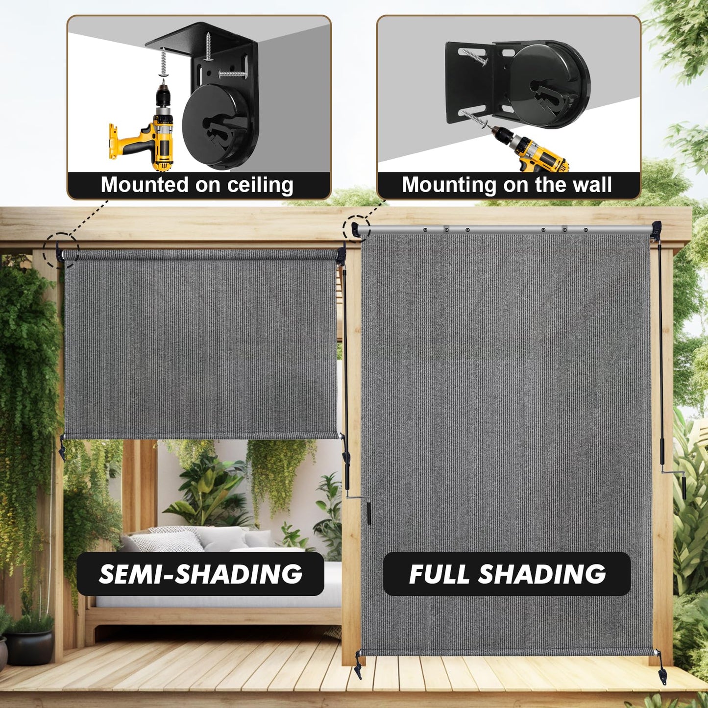 Artpuch Outdoor Roller Shade 9' W x 8' H, Gray Exterior Cordless Patio Shades Roll Up Blinds with Spliced Pole Design, One-Piece Fabric
