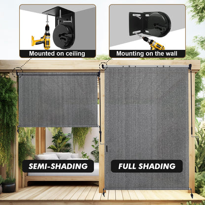 Artpuch Outdoor Roller Shade 9' W x 8' H, Gray Exterior Cordless Patio Shades Roll Up Blinds with Spliced Pole Design, One-Piece Fabric