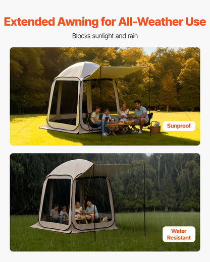 Pop Up Screen House Tent VEVOR 10 x 9.2 FT Pop-Up Screen Room with Awning, Portable Screen Tent Gazebo for 4–8 Person, Instant Screen Canopy with Carry Bag for Patio Backyard Camping