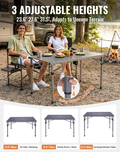 KingCamp Folding Camping Table Foldable Loads 265 Lbs, 42.1"× 27.6" Portable Table 3 Adjustable Height Aluminum Roll Up Camp Table with Carry Bag for Camping Picnic BBQ Backyard, Indoor & Outdoor