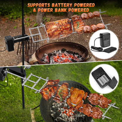 onlyfire Rotisserie Grill Kit Adjustable Spit Roaster with Cordless Motor for Outdoor Camping, Fire Pits, Campfires, Charcoal and Gas Grills - Include Power Adapter and Carrying Bag