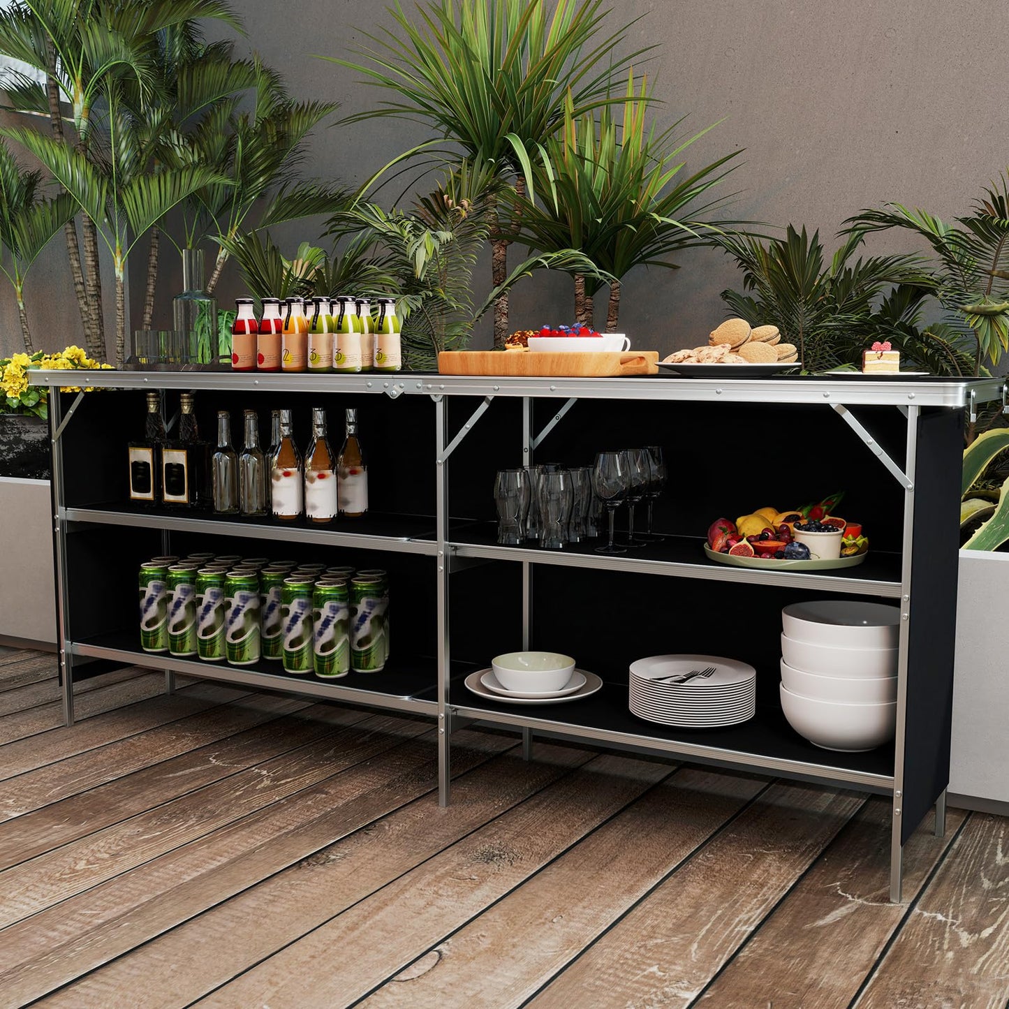 Giantex 81" Extra Long Portable Bar Table with 2-Tier Storage Shelves, Folding Mobile Bartending Station with Removable Skirt, Carry Case, for Events, Parties, Trade Shows (Black, 81''L x 32.5''H)