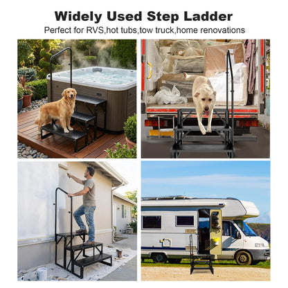 RV Steps with Handrail, 3 Step Heavy Duty Outdoor RV Stairs with Non-Slip Tread, Portable Travel Trailer Steps for Camper, Mobile Home, Hot Tub, 5th Wheel, Anti-Slip Platform