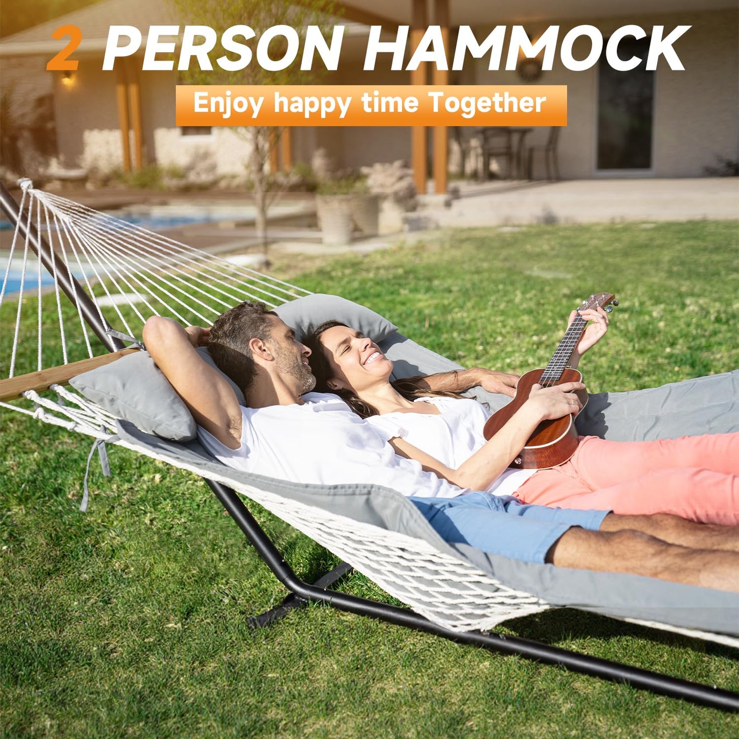 Everyfun 2 Person Outdoor Hammock with Stand, Cotton Rope Hammock with Polyester Pad, Adjustable Steel Frame, Portable with Carrying Bag – for Patio, Backyard, Garden, Beach, Urban-Gray