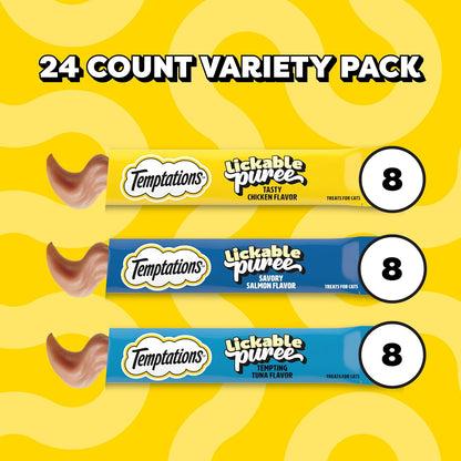Temptations Creamy Puree Cat Treats - Lickable Chicken, Salmon & Tuna Variety Pack | 24 Tubes, 0.42 oz Each