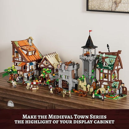 FUNWHOLE Medieval Watchtower Lighting Building-Bricks Set - Guardiance Castle with Soldier Farmer Minifigures Collectible Display Set 1625 Pcs for Adults and Teen