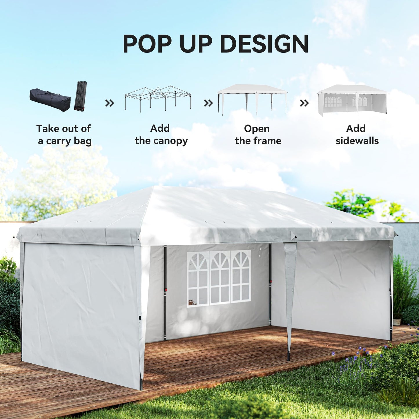 Outsunny 10' x 20' Pop Up Canopy Tent with 4 Sidewalls, Outdoor Portable Instant Canopy Shelter for Parties, Outdoor Instant Gazebo with Carry Bag for Garden, Patio, White