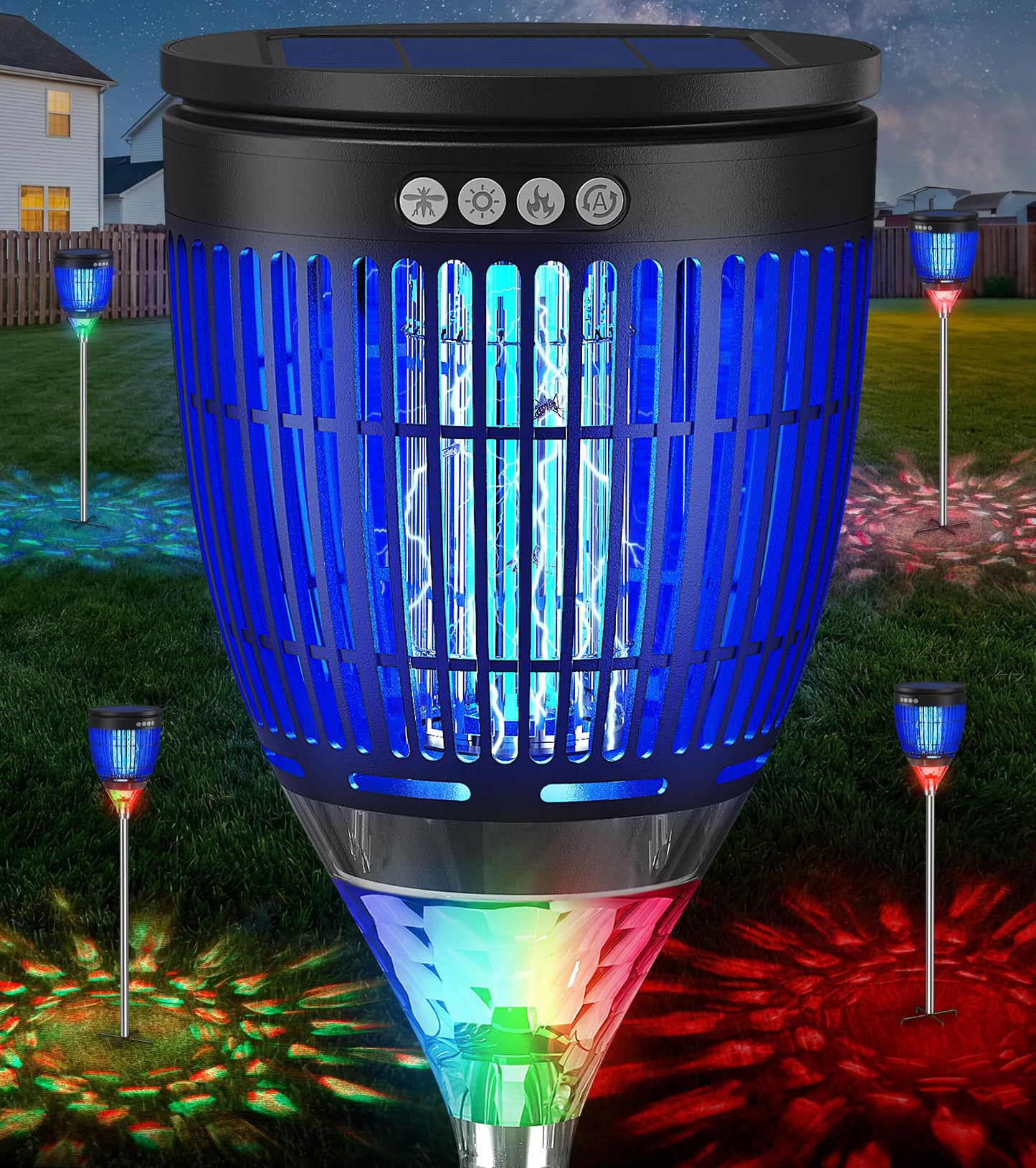 All in 1 Solar Bug Zapper Outdoor, Flame & Projection Mode, Auto/Manual Modes, 4200V Electric Mosquito Killer with High Powered, IPX5 Waterproof Rechargeable Fly Insect Trap for Patio Garden Yard RV