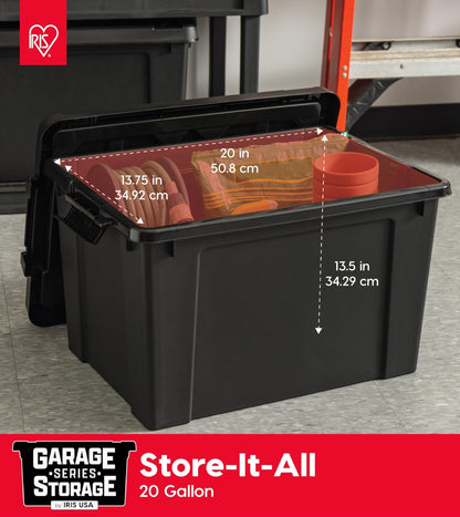 IRIS USA 20 Gallon Lockable Storage Bins with Lids, 6 Pack - Made in USA, Heavy Duty, Stackable Containers, Garage Organizing Bins Moving Tubs, Rugged Sturdy Equipment Utility Box - Black