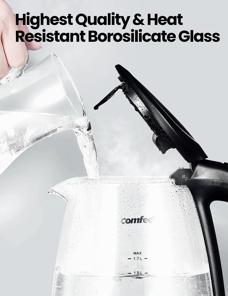 COMFEE' Glass Electric Tea Kettle & Hot Water Kettle Electric, 1.7L Electric Kettle with LED Indicator, 1500W Fast Boil, Auto Shut-Off and Boil-Dry Protection