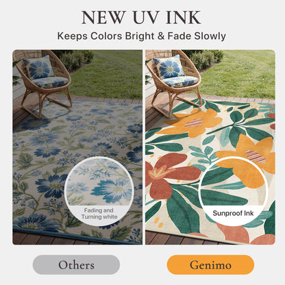 GENIMO Indoor Outdoor Area Rug 8'x10', Machine Washable Rugs for Patio, Waterproof, Non-Slip Easy Cleaning Floral Outdoor Mat Carpet for Living Room, Bedroom, RV, Balcony, Deck, Camping,Sage Orange