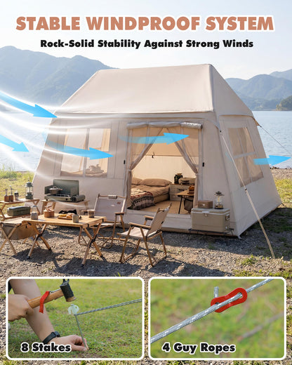 3-4 Person Inflatable Camping Tent Portable Air Cabin Blow Up Tent with Hand Pump Easy Setup Waterproof for Camping Family Backpacking Hiking