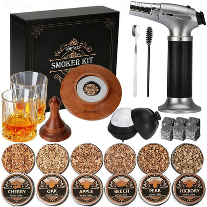 Whiskey Smoker Kit with Torch - 6 Flavors Wood Chips, 2 Glasses, Cocktail Smoker Infuser Kit, Old Fashioned Drink Smoker Kit, Birthday Valentine's Day Bourbon Whiskey Gifts for Men, Dad(No Butane)