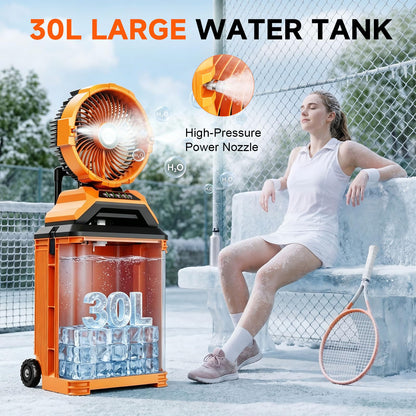 25L&30L Bucket Portable Misting Fan, 30000mAh Rechargeable Battery Powered Oscillating Cooling Fan, 4 Strong Winds, Brushless Motor Outdoor Fans for Fishing/Travel/Garden/Golf/Tent/Office