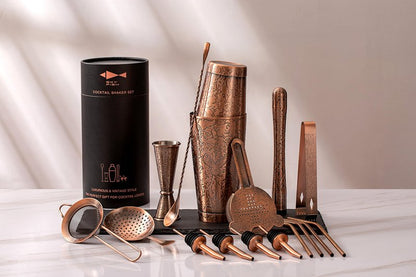Sky Fish 3D Etched 18-Piece Bartender Kit Stainless Steel Boston Cocktail Shaker Set Copper Plated Bartending Tools Suit for Bar Tools Set Mixology Enthusiasts, Professional Bartenders and Home Drink