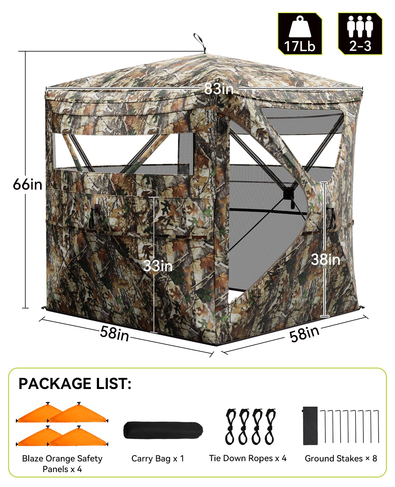 Hunting Blind 360° Silent See Through Blind with Swing Door, 2-3 Person Pop Up Ground Blind with Carrying Bag, Portable Hunting Tent for Deer & Turkey Hunting