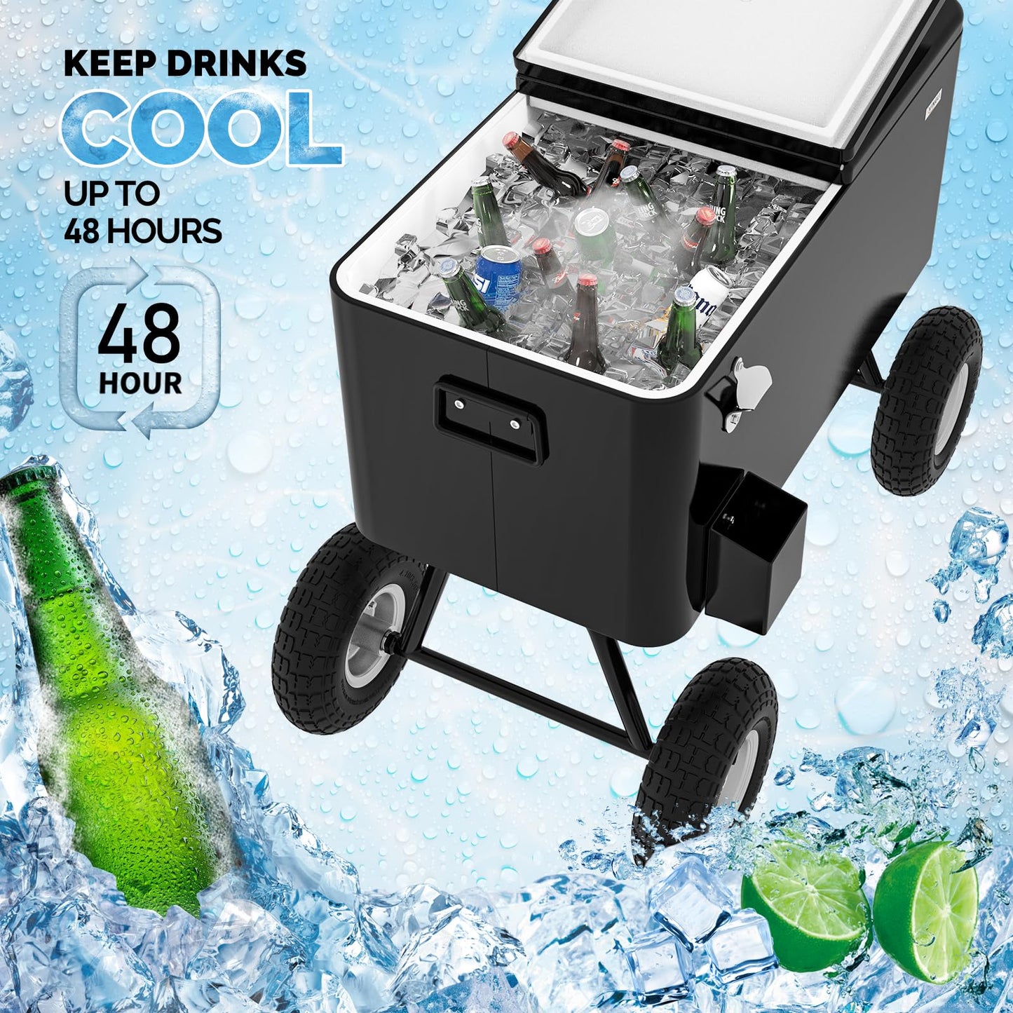 VINGLI 80 Quart Wagon Rolling Cooler Ice Chest, w/Long Handle and 10" Wheels, Portable Beach Patio Party Bar Cold Drink Beverage, Outdoor Park Cart on Wheels (Black-Wagon)