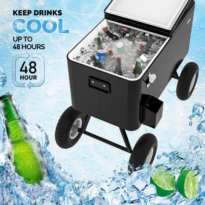 VINGLI 80 Quart Wagon Rolling Cooler Ice Chest, w/Long Handle and 10" Wheels, Portable Beach Patio Party Bar Cold Drink Beverage, Outdoor Park Cart on Wheels (Black-Wagon)